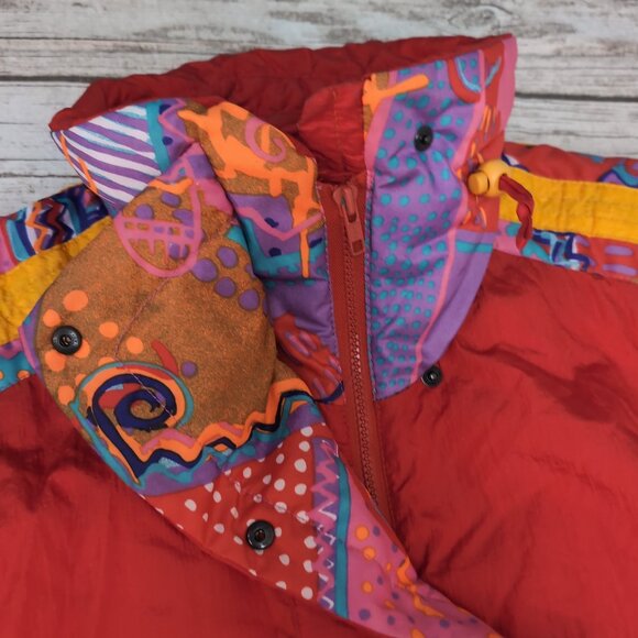 Roffe 80s Ski Jacket Red Multicolor Geometric Retro Snow Coat – Women’s 14 - Picture 3 of 9